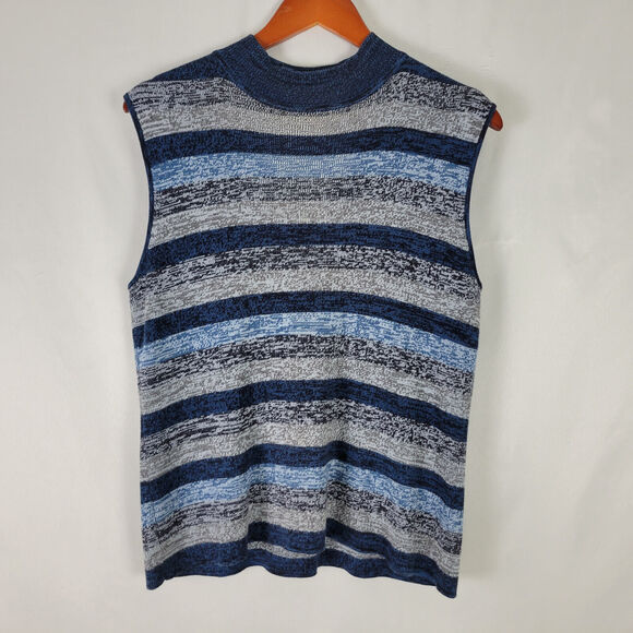 Sag Harbor Sweater Womens Medium Blue Gray Knit Top Striped Sleeveless Crew Neck - Picture 1 of 9